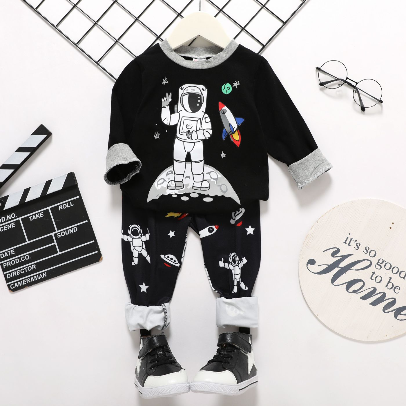 Ensemble 2 Pièces Pour Tout-petit Garçon/fille Fusée Spatiale Astronaute Planète Imprimé Pull Et Pantalon