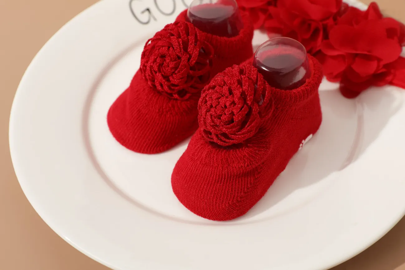 Ensemble chaussettes et bandeau bébé nouveau-né rouge décor floral Rouge big image 1
