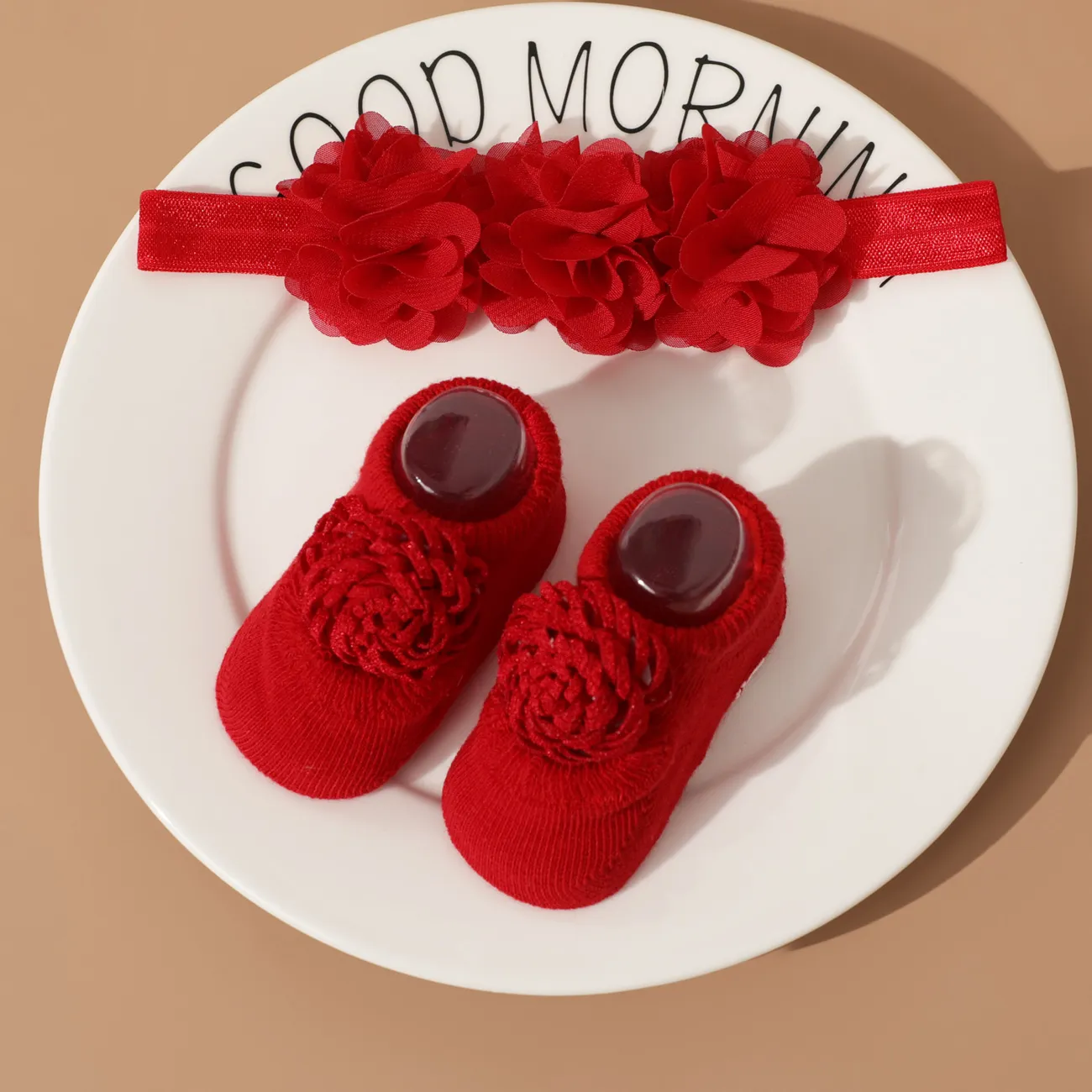 Newborn Baby Red Floral Decor Socks and Headband Set Red big image 1