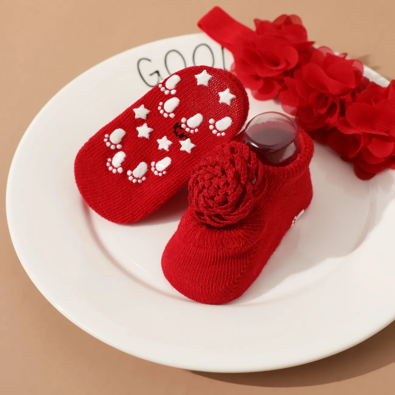 新生兒紅色花卉裝飾襪子和頭帶套裝 紅色 big image 1