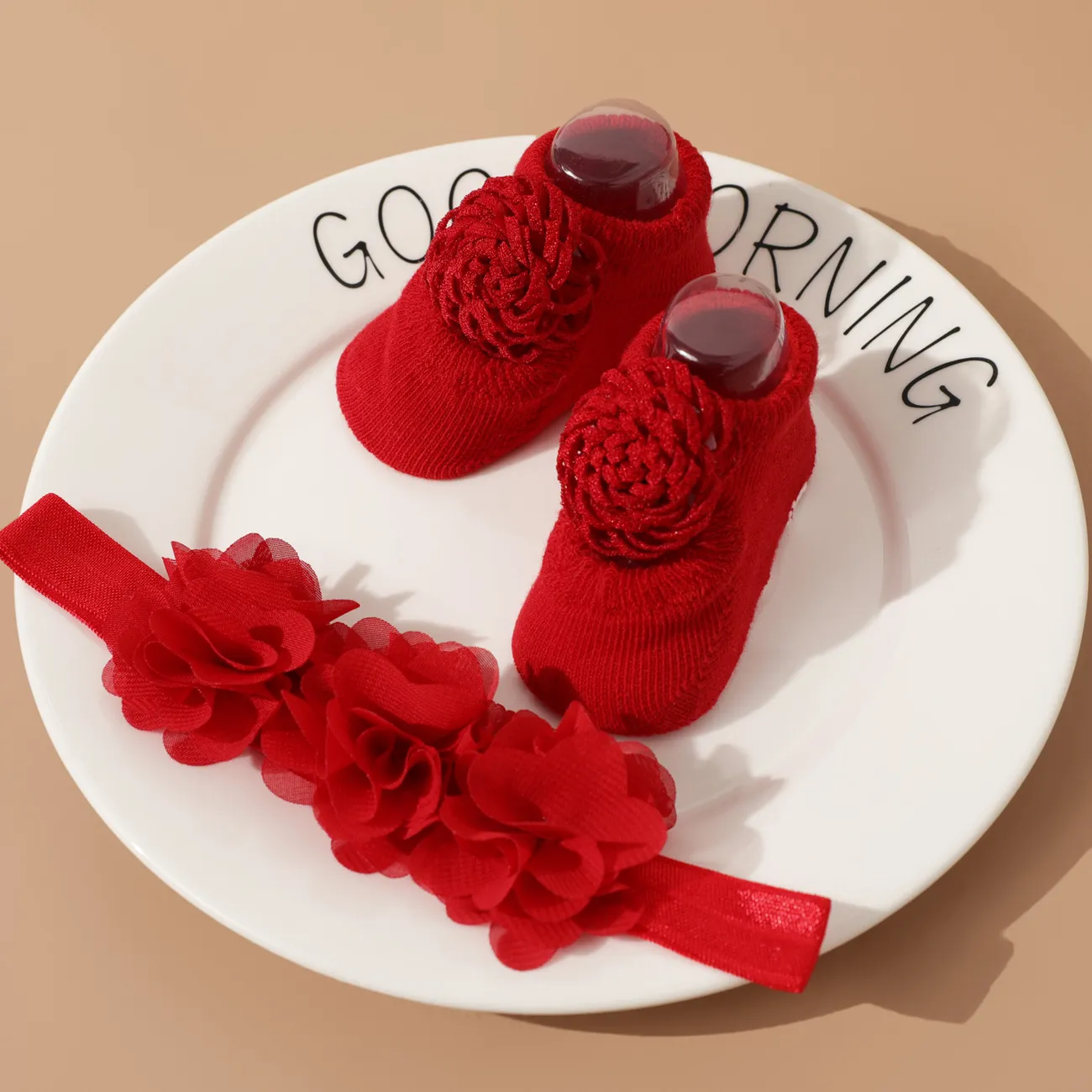 Newborn Baby Red Floral Decor Socks and Headband Set Red big image 1