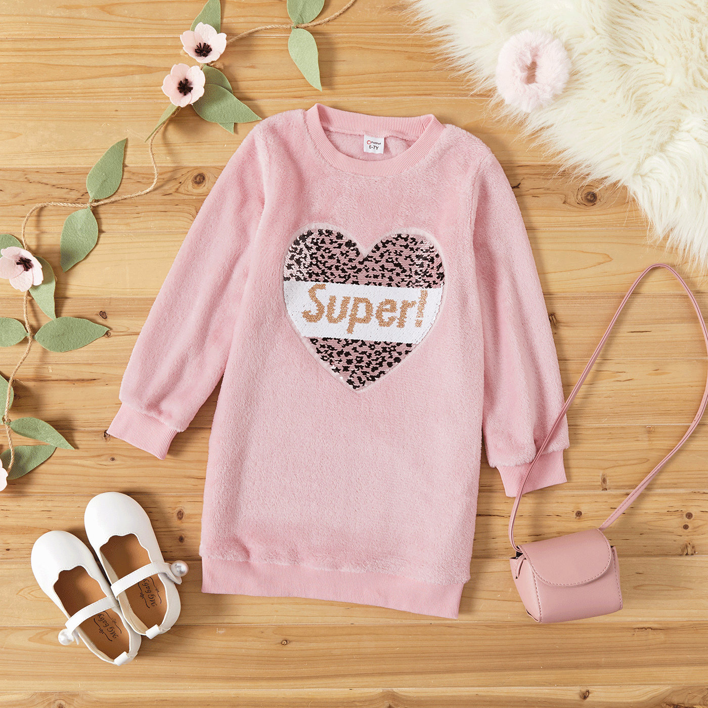 Kid Girl Flip Sequin Heart Pattern Sweatshirt Dress/  100% Cotton Denim Leggings Pink big image 6