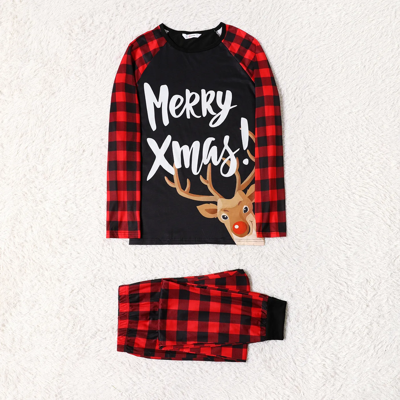 Mosaic Family Matching ' Merry Xmas ' Reindeer Print Plaid Christmas Pajamas Sets（Flame Resistant） Black image 4