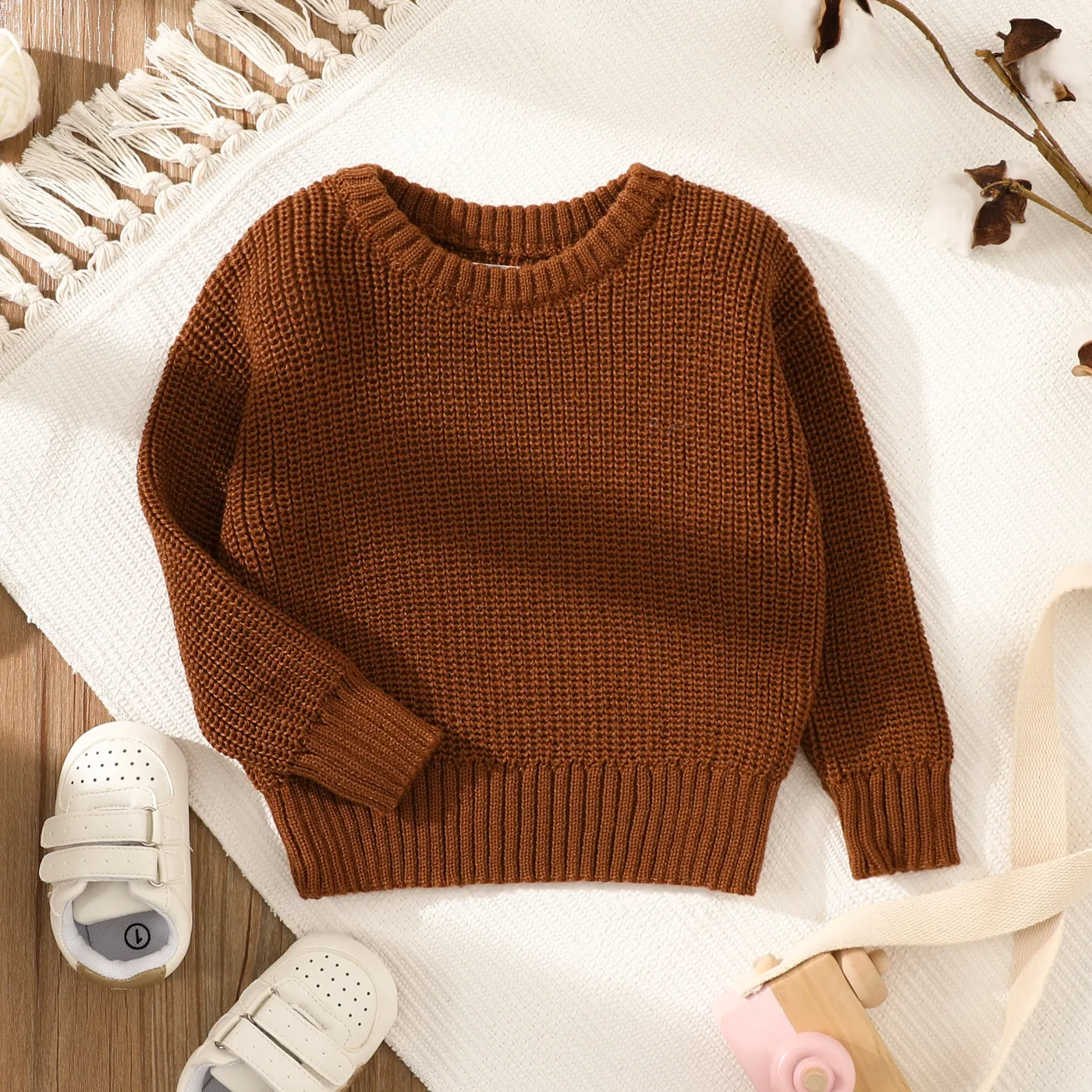 Baby Solid Long-sleeve Knitted Sweater Pullover Coffee big image 1