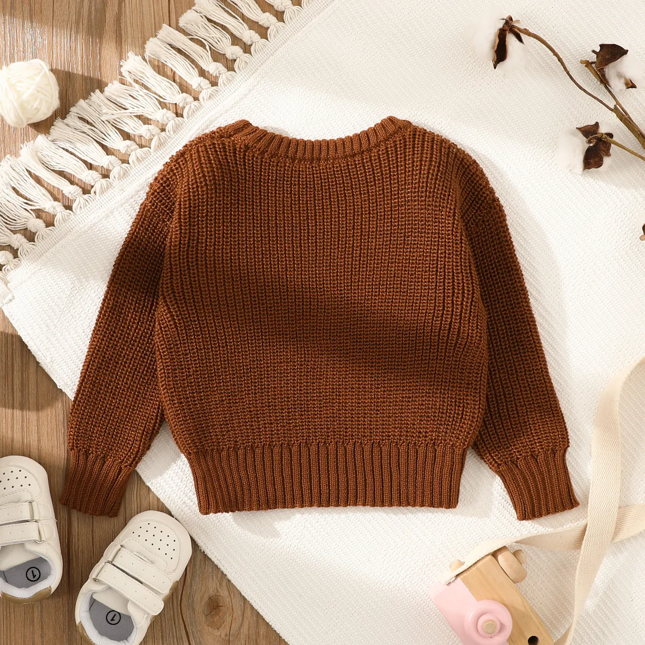 Baby Solid Long-sleeve Knitted Sweater Pullover Coffee big image 1