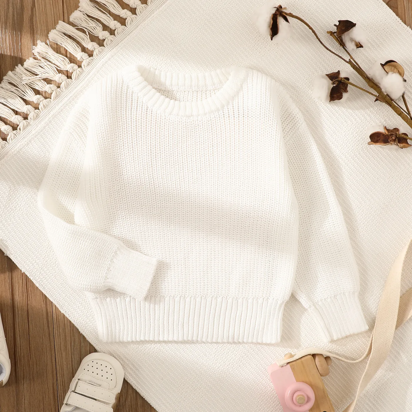 Baby Solid Long-sleeve Knitted Sweater Pullover White