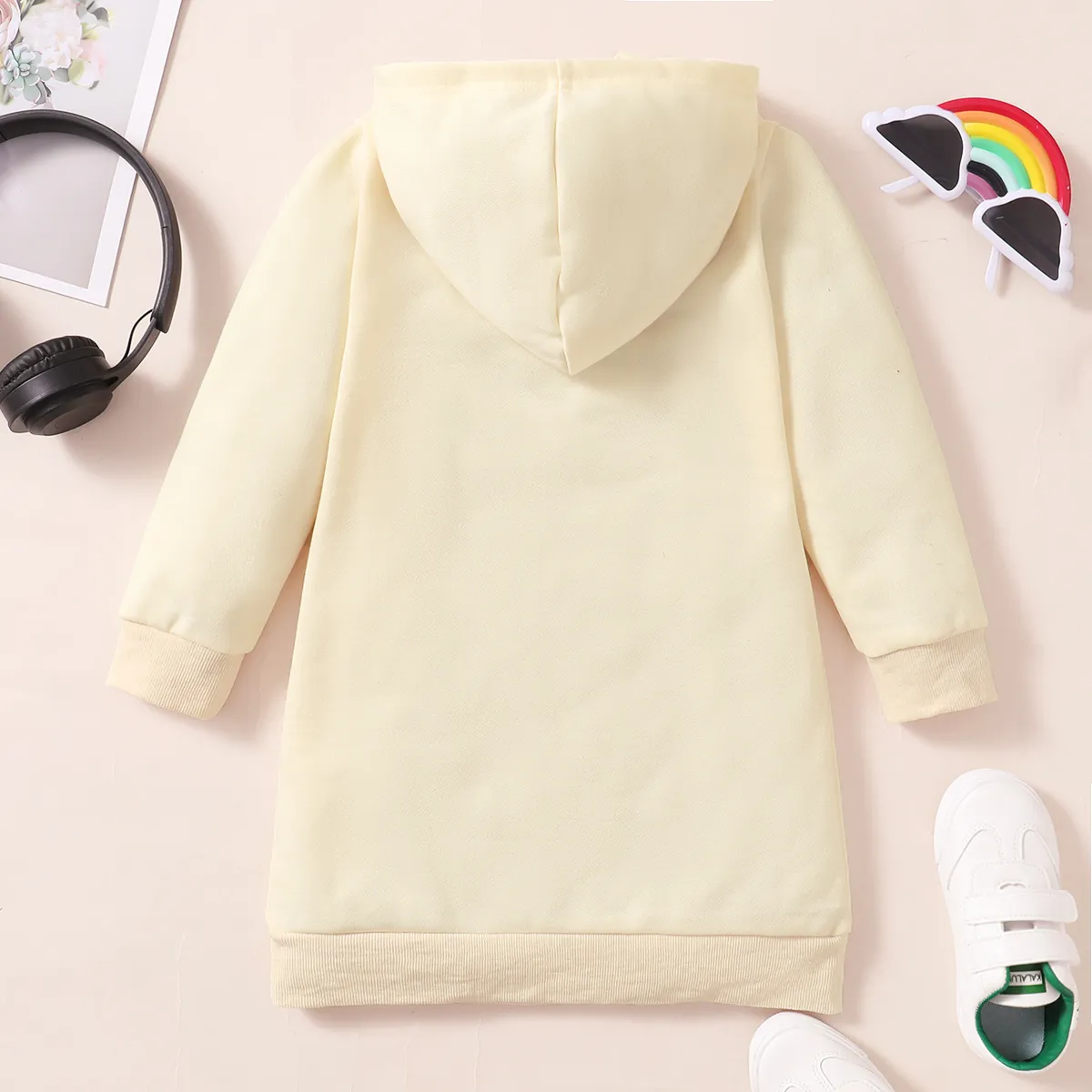 Kid Girl Solid Color Long-sleeve Hooded Sweatshirt Dress Beige big image 1