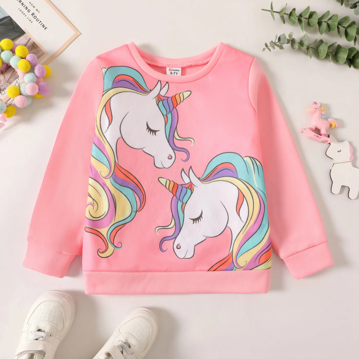 Kid Girl Unicorn Print Fleece Lined Pink Pullover Sweatshirt pink-