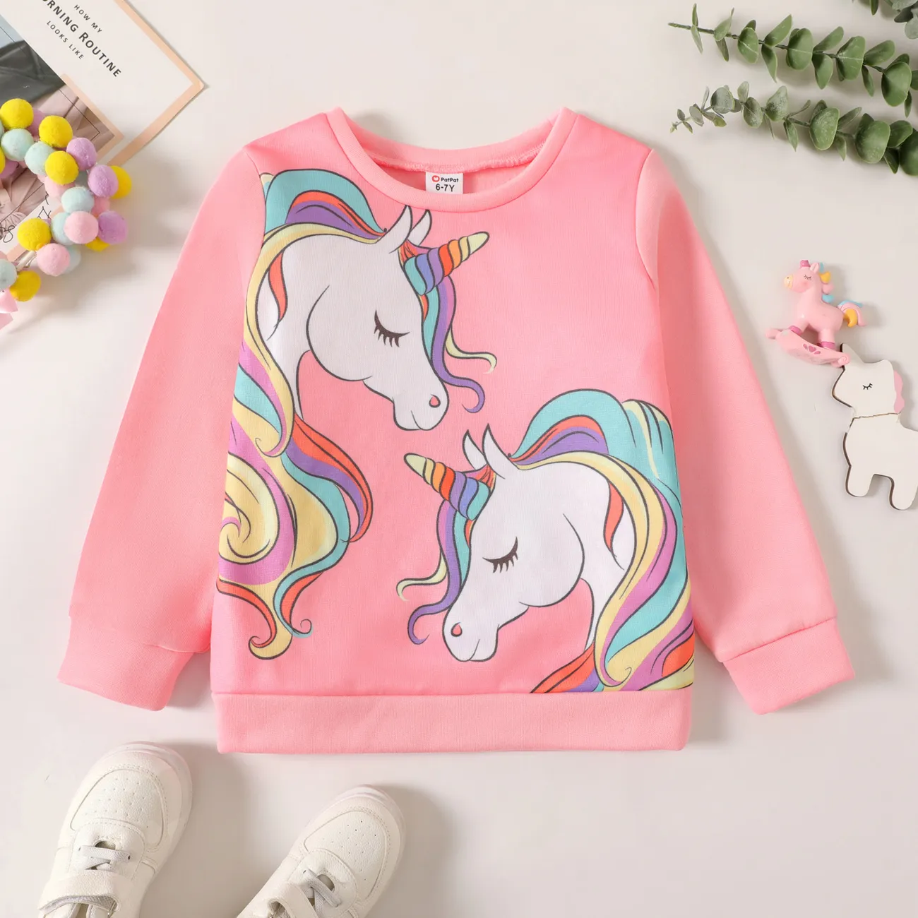 Kid Girl Unicorn Print Fleece Lined Pink Pullover Sweatshirt  big image 1
