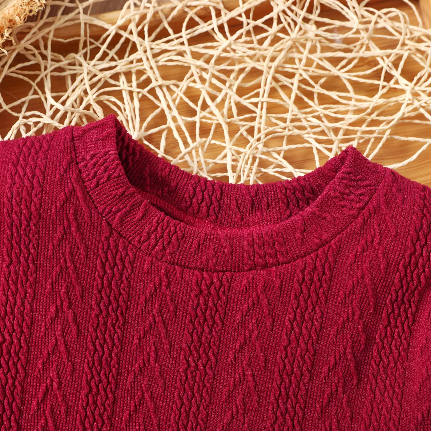 2-piece Toddler Girl Cable Knit Textured Sweater and Bowknot Design Houndstooth Skirt Set Burgundy image 3