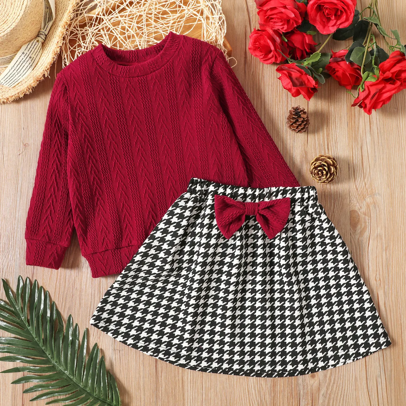 2-piece Toddler Girl Cable Knit Textured Sweater and Bowknot Design Houndstooth Skirt Set Burgundy big image 1