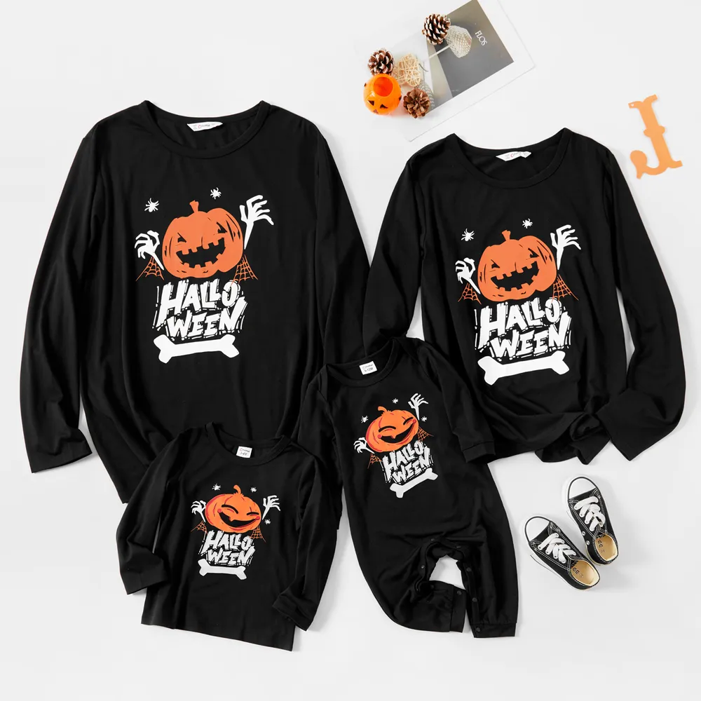 Family Matching Halloween Pumpkin and Glow In The Dark Letter Print Black Long-sleeve Sweatshirts big image 9