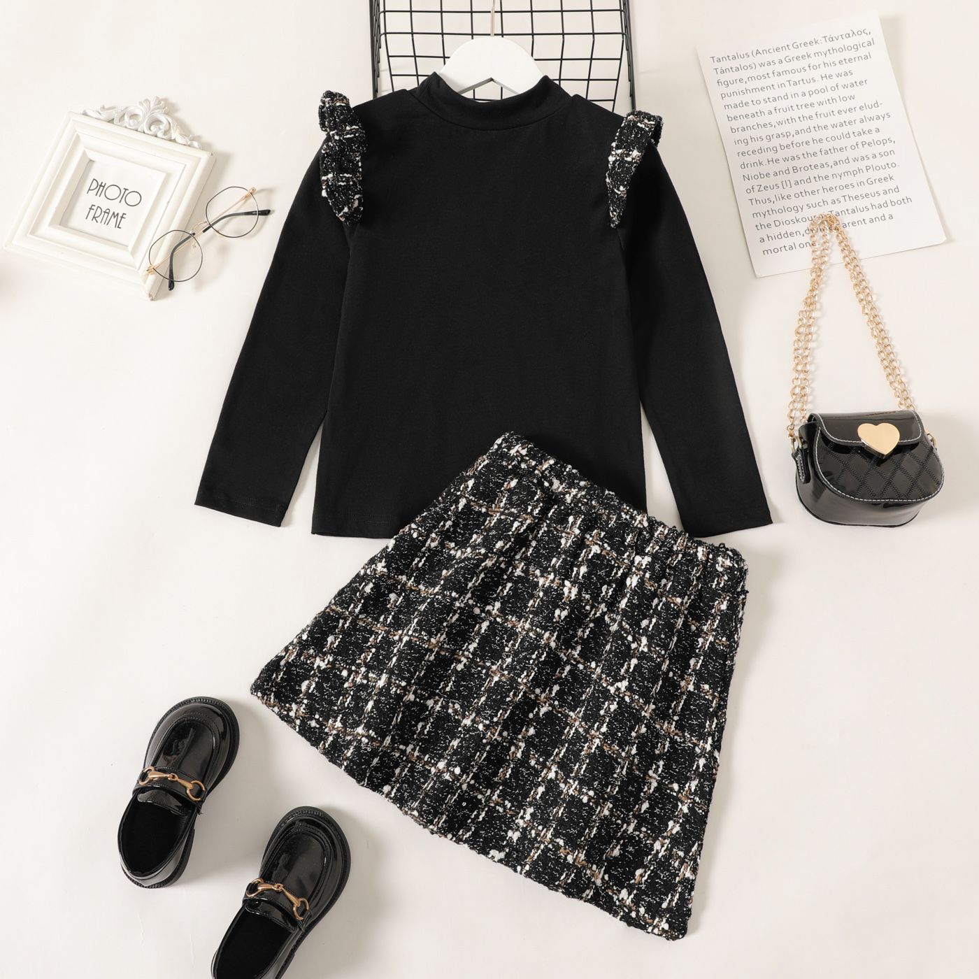 

2-piece Elegant Kid Girl Ruffled Mock Neck Long-sleeve Tee and Plaid Tweed A-line Skirt Set