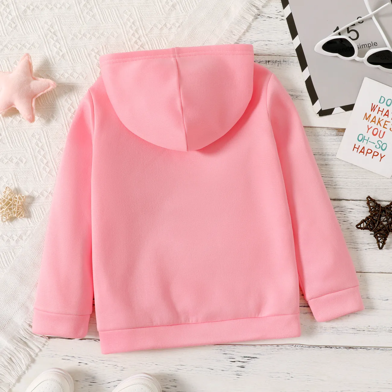 Kid Girl Letter Stars Print Fleece Lined Hoodie Sweatshirt Pink big image 1