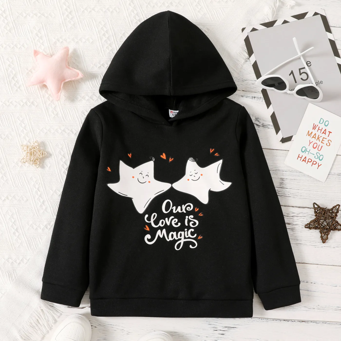 Kid Girl Letter Stars Print Fleece Lined Hoodie Sweatshirt