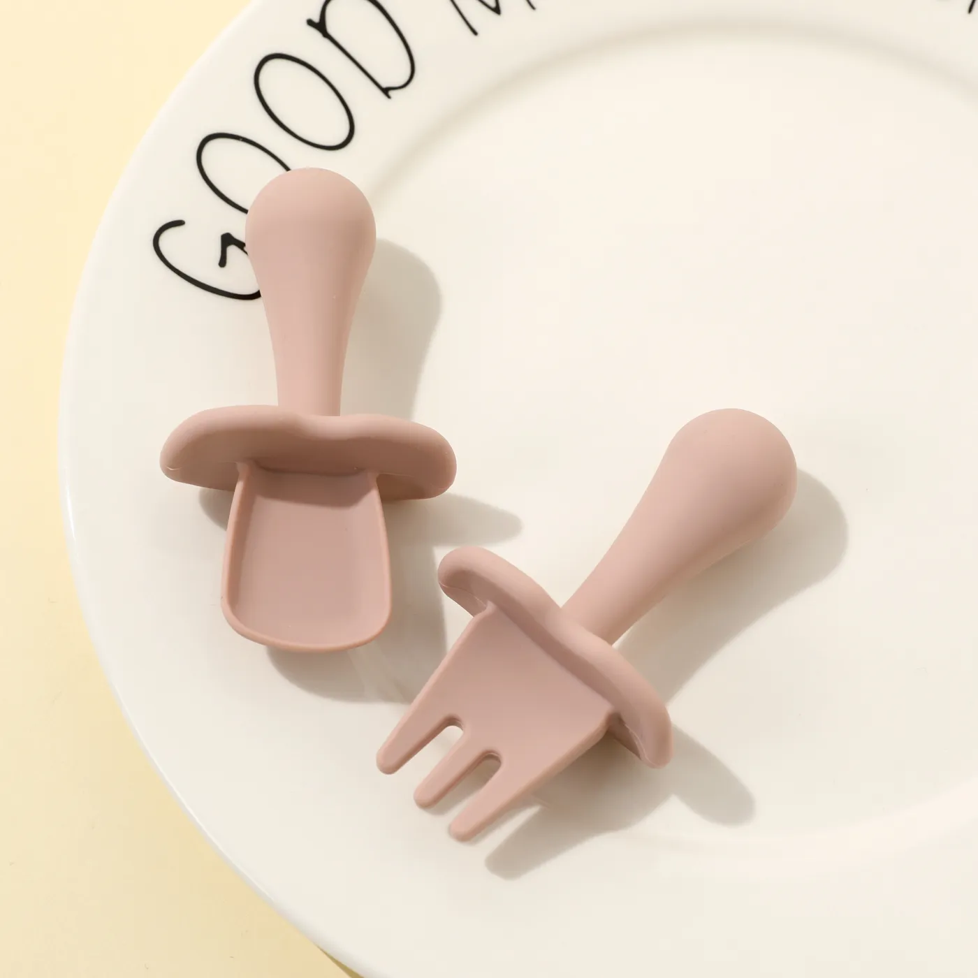 Silicone Baby Feeding Set Includes Spoons & Forks Infant Newborn Utensil Set for Self-Training Dark Pink