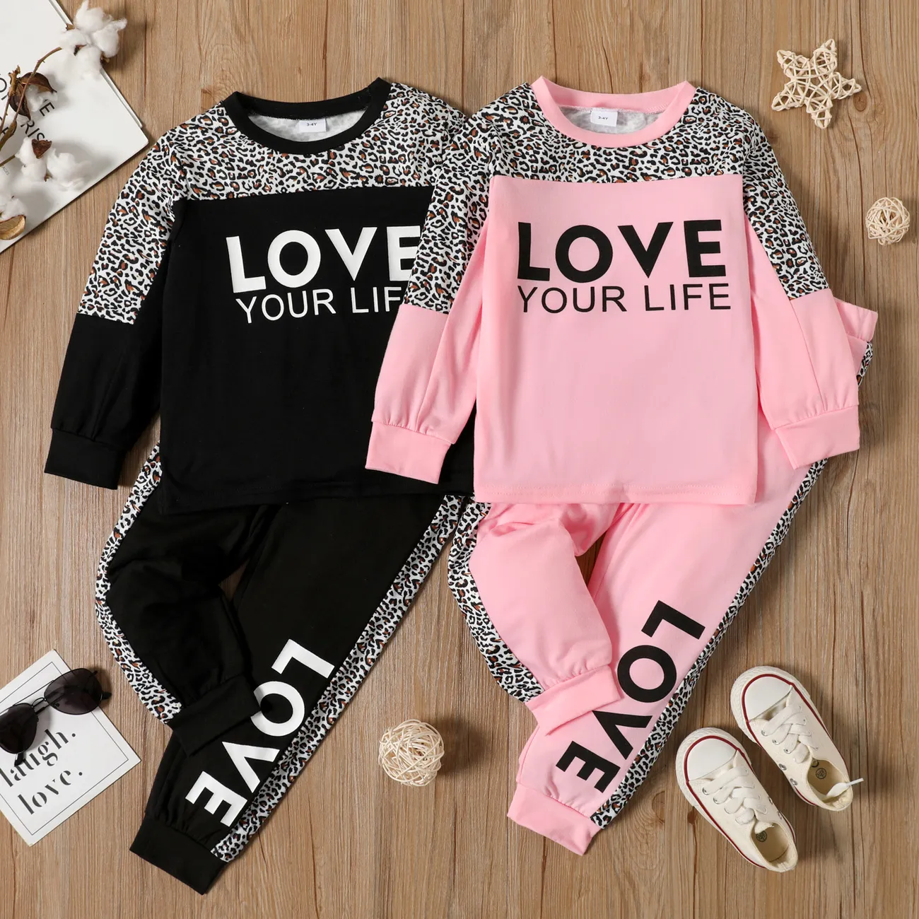 2-piece Toddler Girl Letter Leopard Print Sweatshirt and Pants Set Pink big image 1
