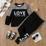 2-piece Toddler Girl Letter Leopard Print Sweatshirt and Pants Set Black