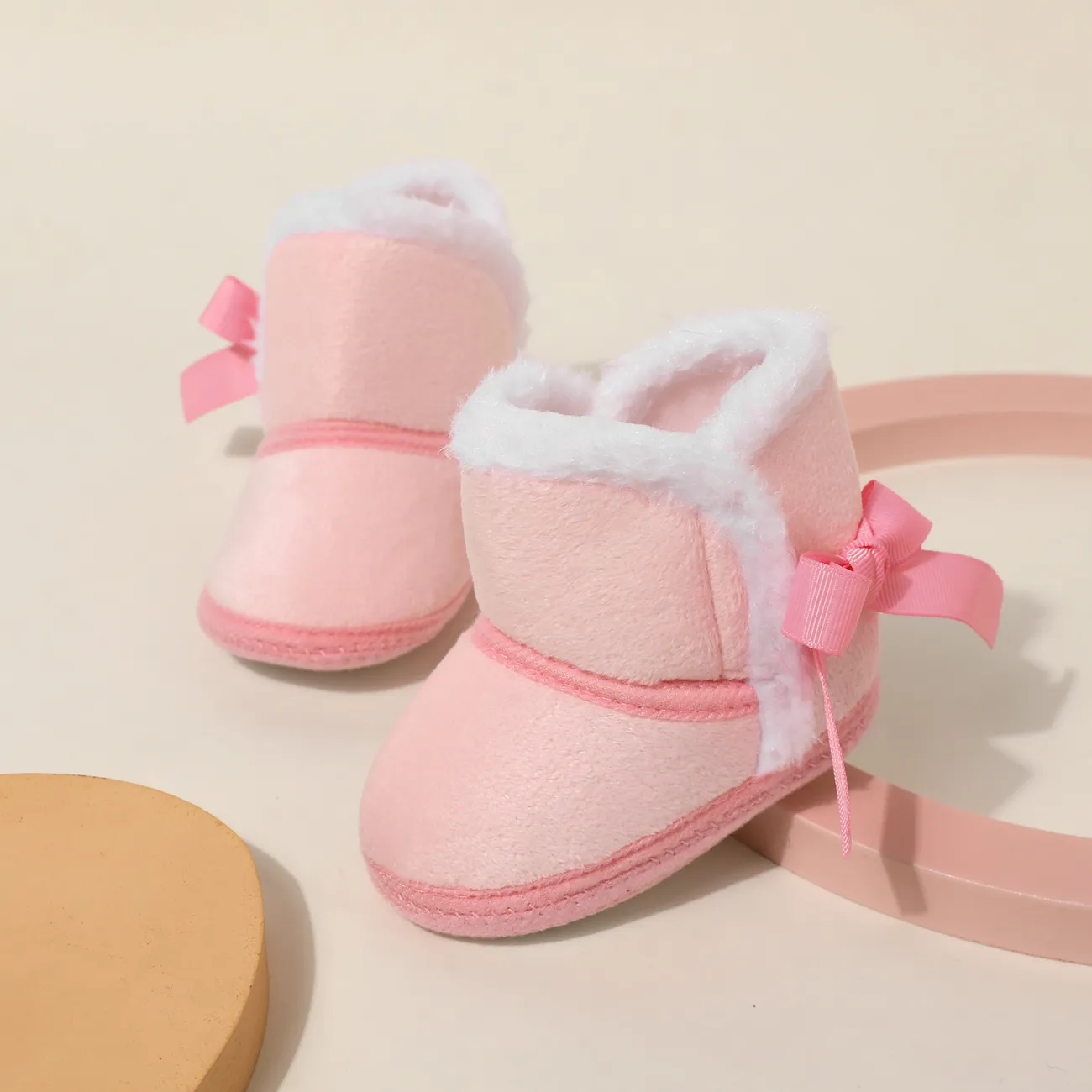 Baby / Toddler Solid Color Tie Back Breathable Fleece-lining Prewalker Shoes Pink big image 1