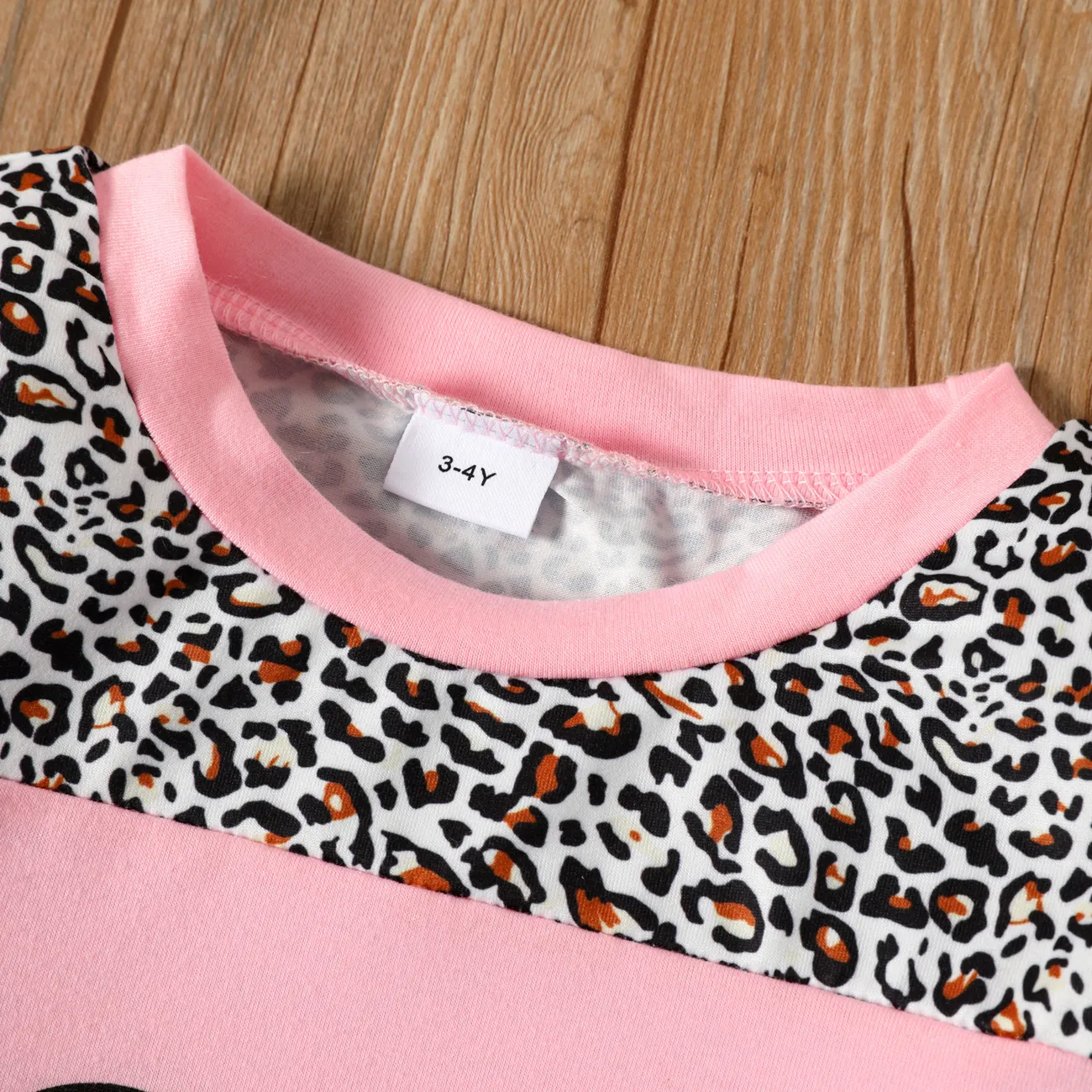 2-piece Toddler Girl Letter Leopard Print Sweatshirt and Pants Set Pink big image 1