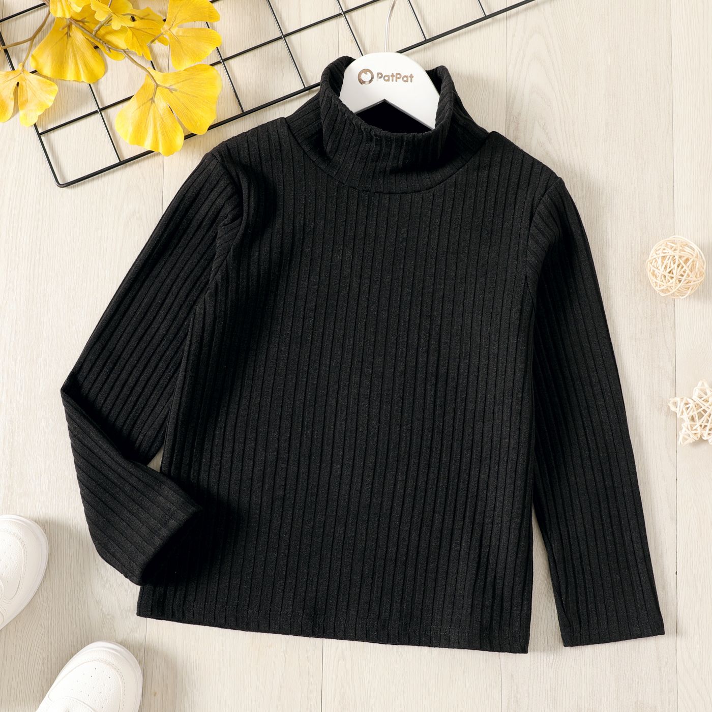 

Kid Girl Turtleneck Solid Color Long-sleeve Ribbed Tee