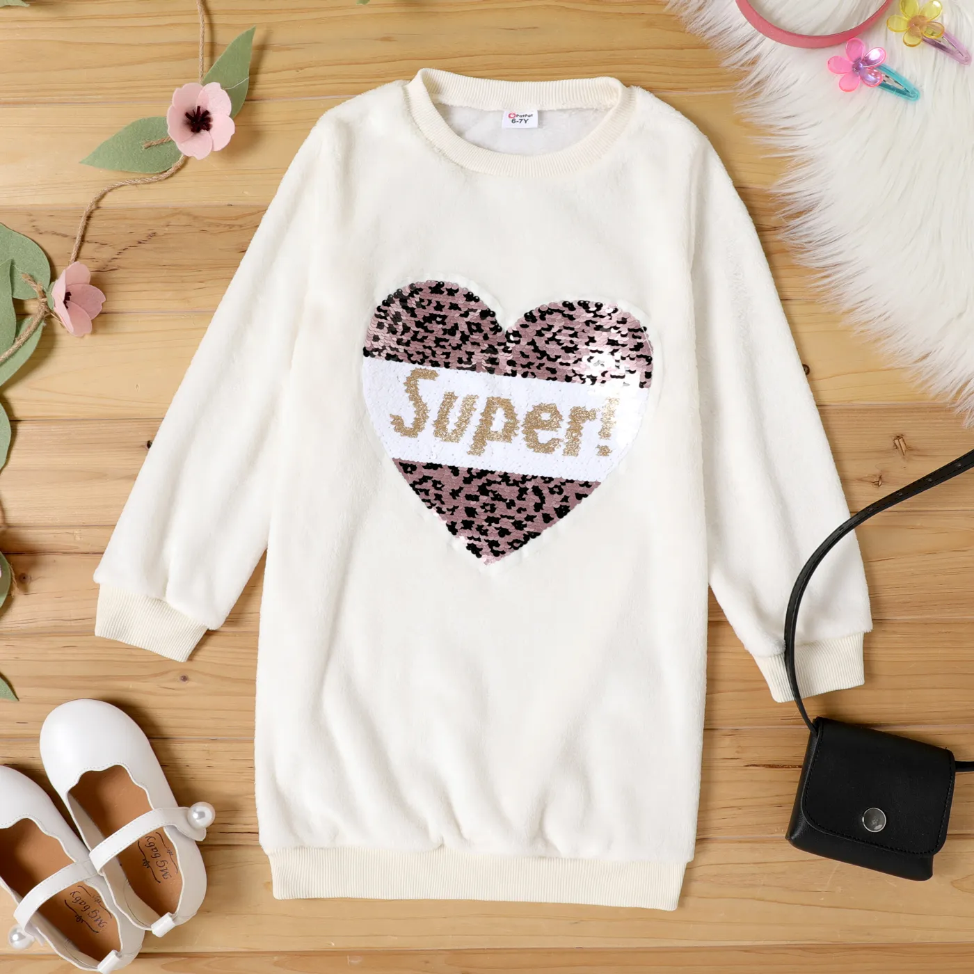 Kid Girl Flip Sequin Letter Heart Pattern Pink Sweatshirt Dress White