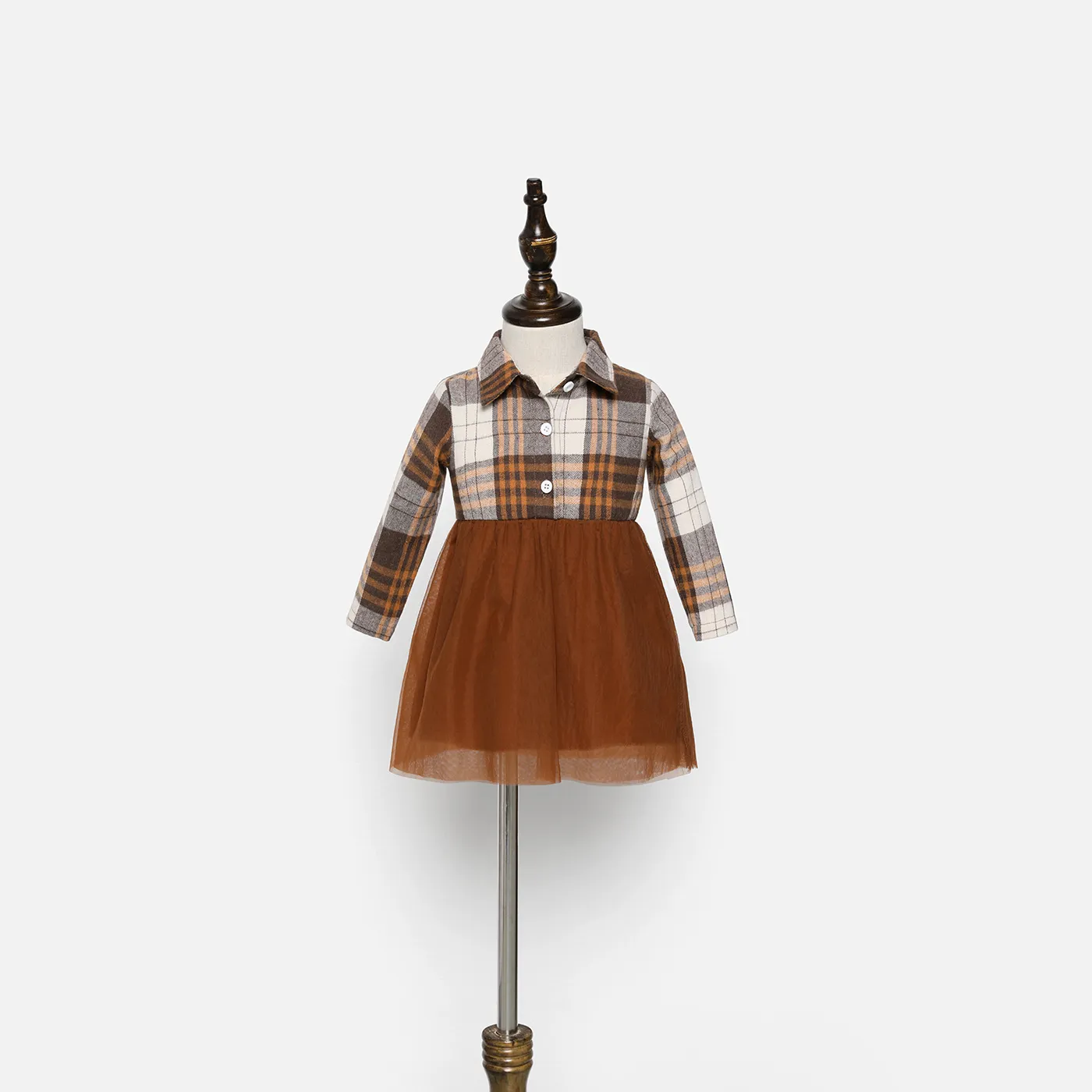 Khaki Plaid Family Matching Long-sleeve Lapel Shirts and Mesh Skirts Sets  big image 1