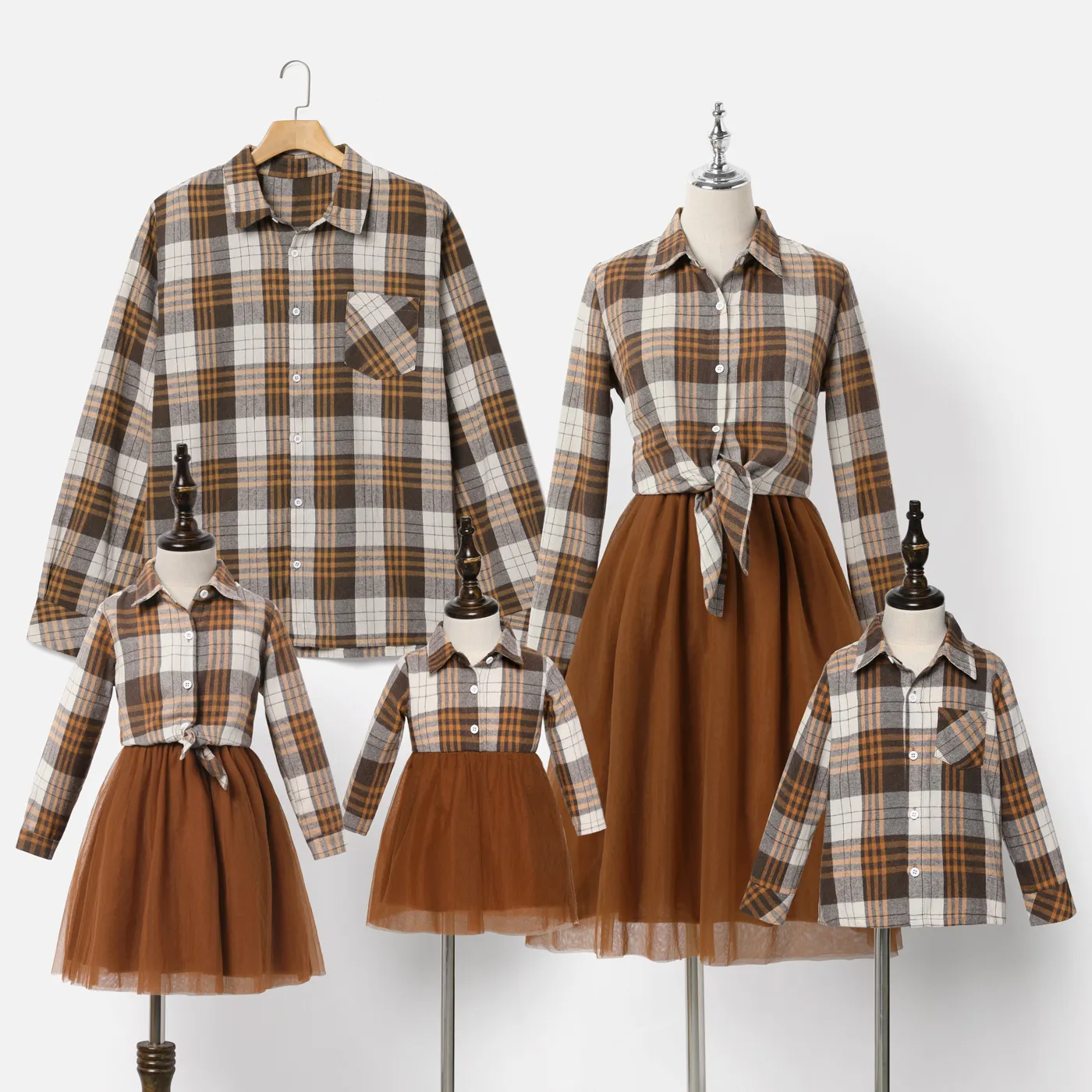 Khaki Plaid Family Matching Long-sleeve Lapel Shirts and Mesh Skirts Sets  image 2