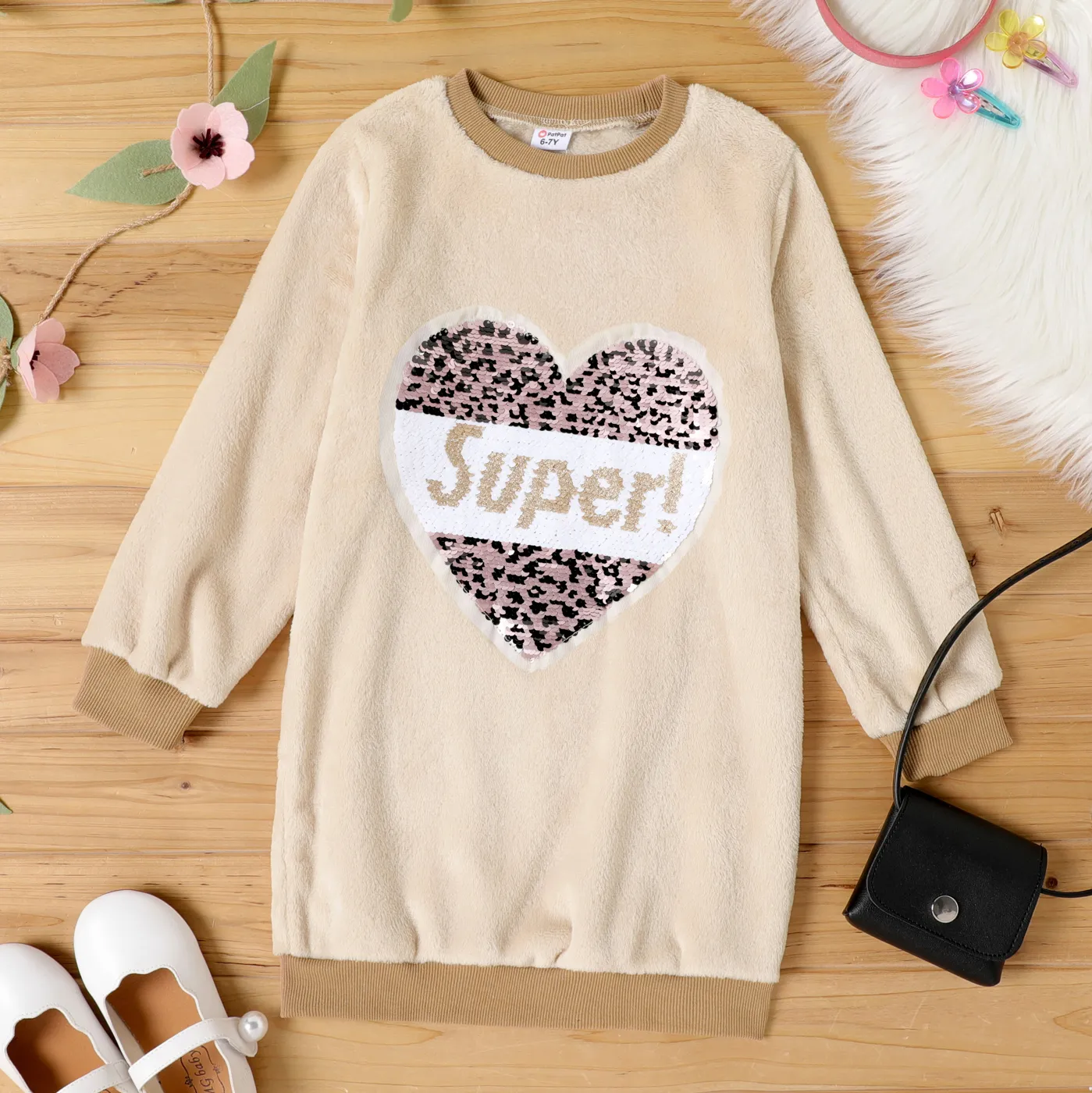 Kid Girl Flip Sequin Letter Heart Pattern Pink Sweatshirt Dress Khaki