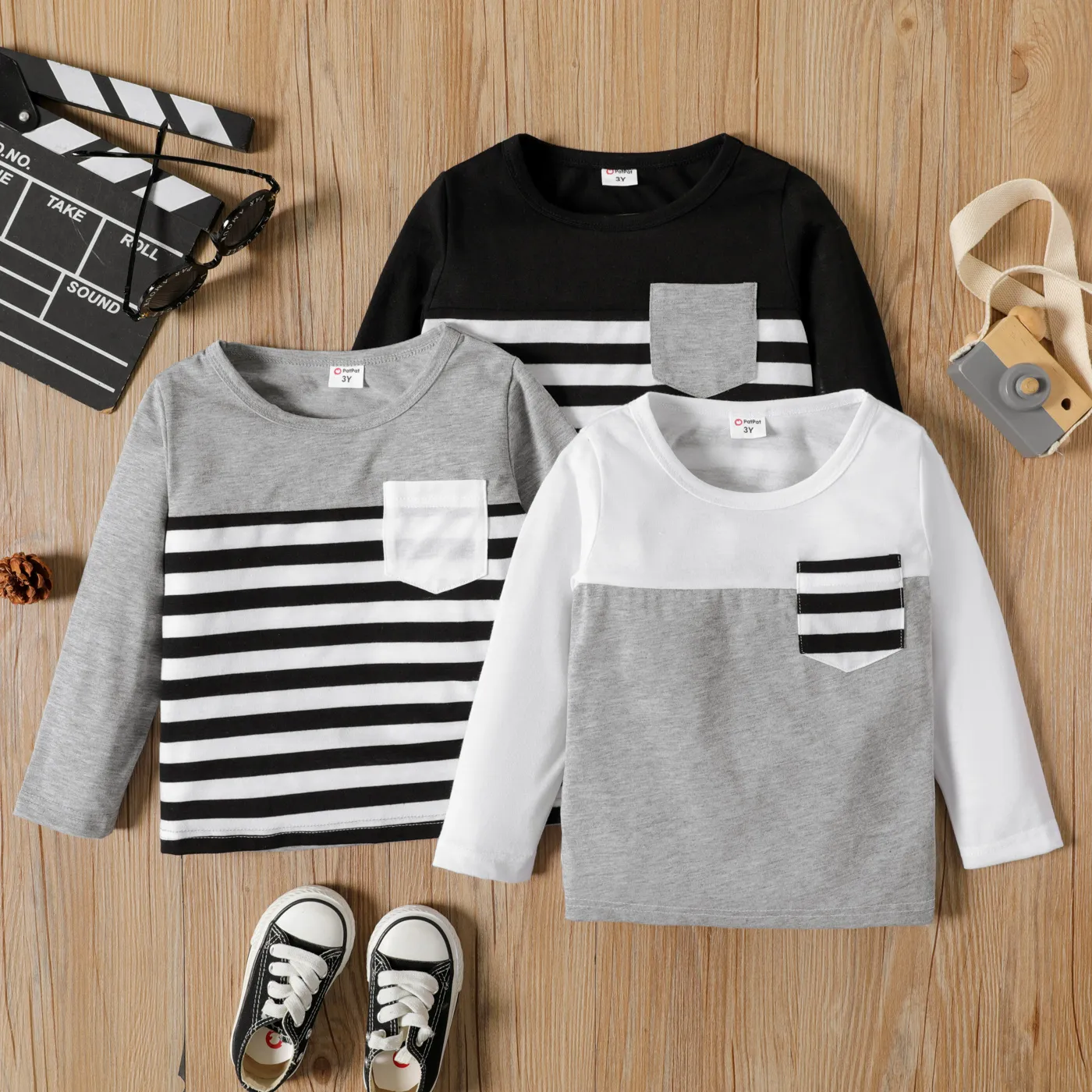 Toddler Boy Stripe Splice Chest Pocket Decor Long-sleeve Tee White image 2