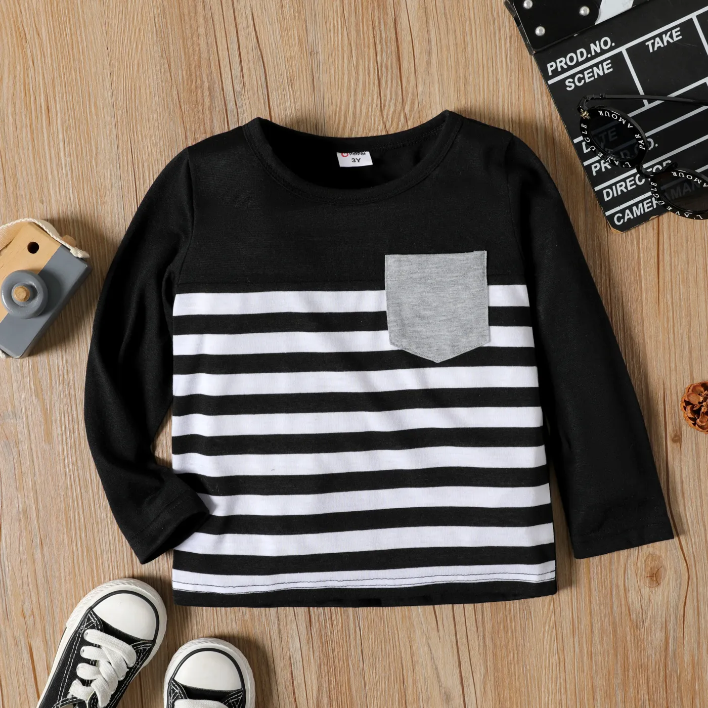 Toddler Boy Stripe Splice Chest Pocket Decor Long-sleeve Tee Black