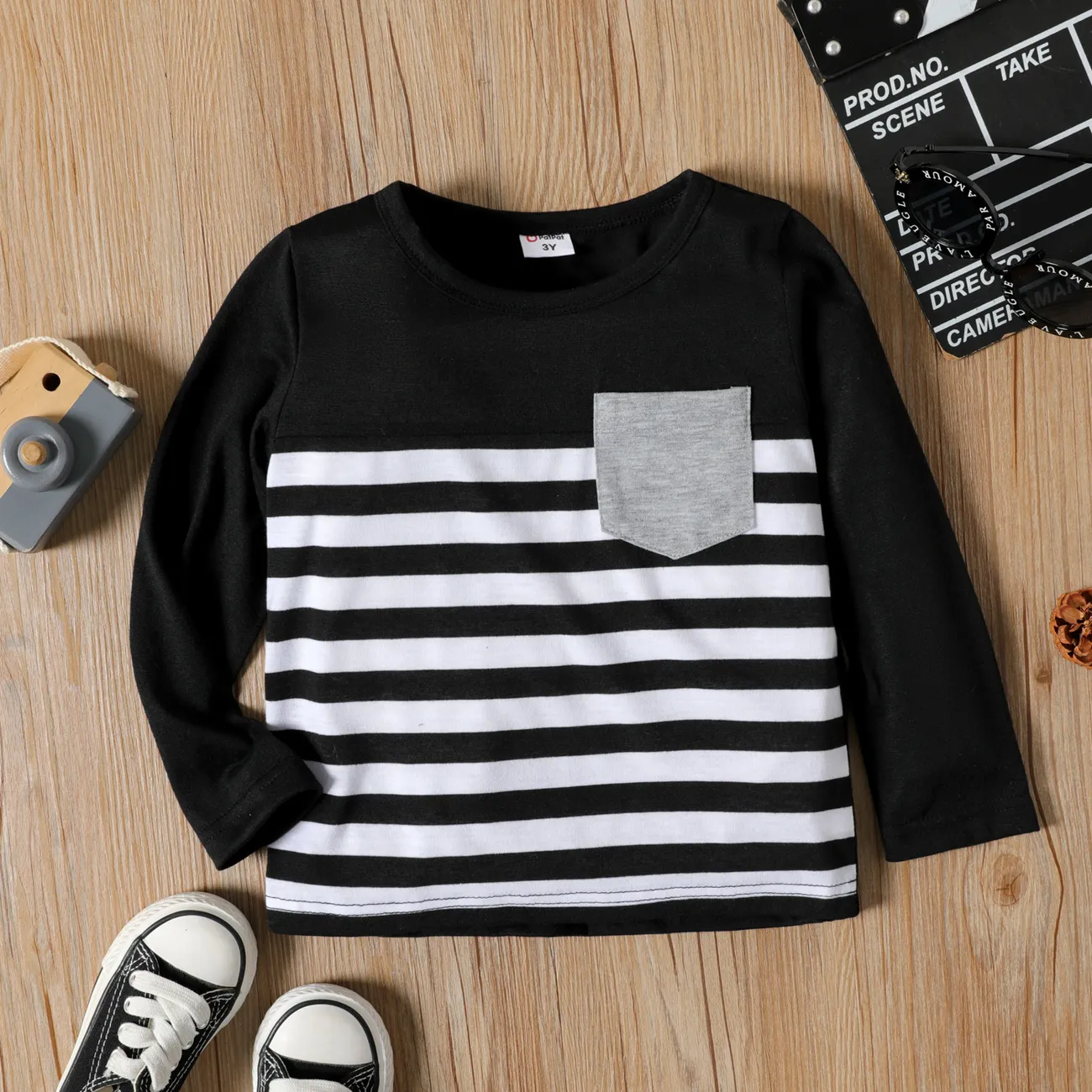Toddler Boy Stripe Splice Chest Pocket Decor Long-sleeve Tee