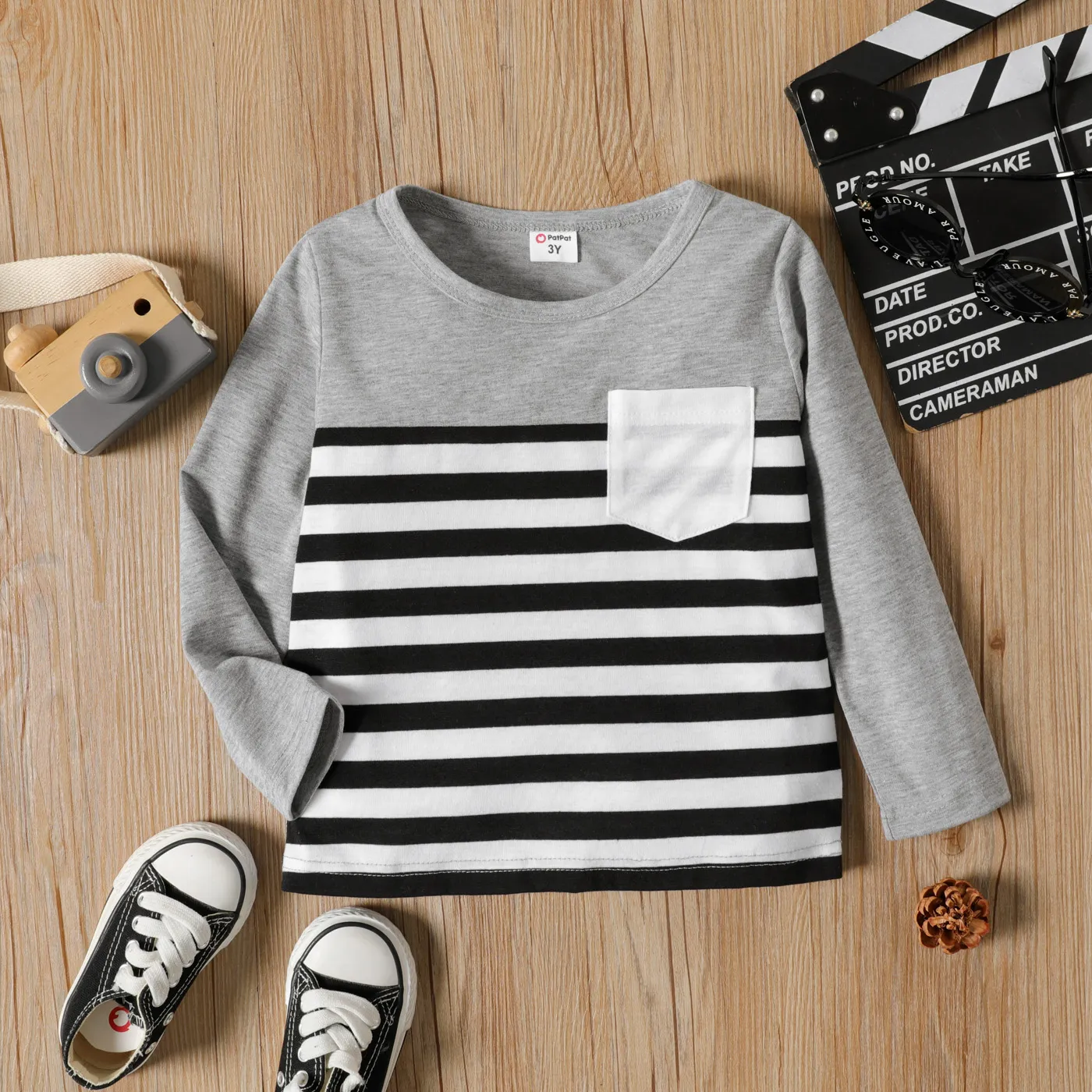 Toddler Boy Stripe Splice Chest Pocket Decor Long-sleeve Tee Light Grey