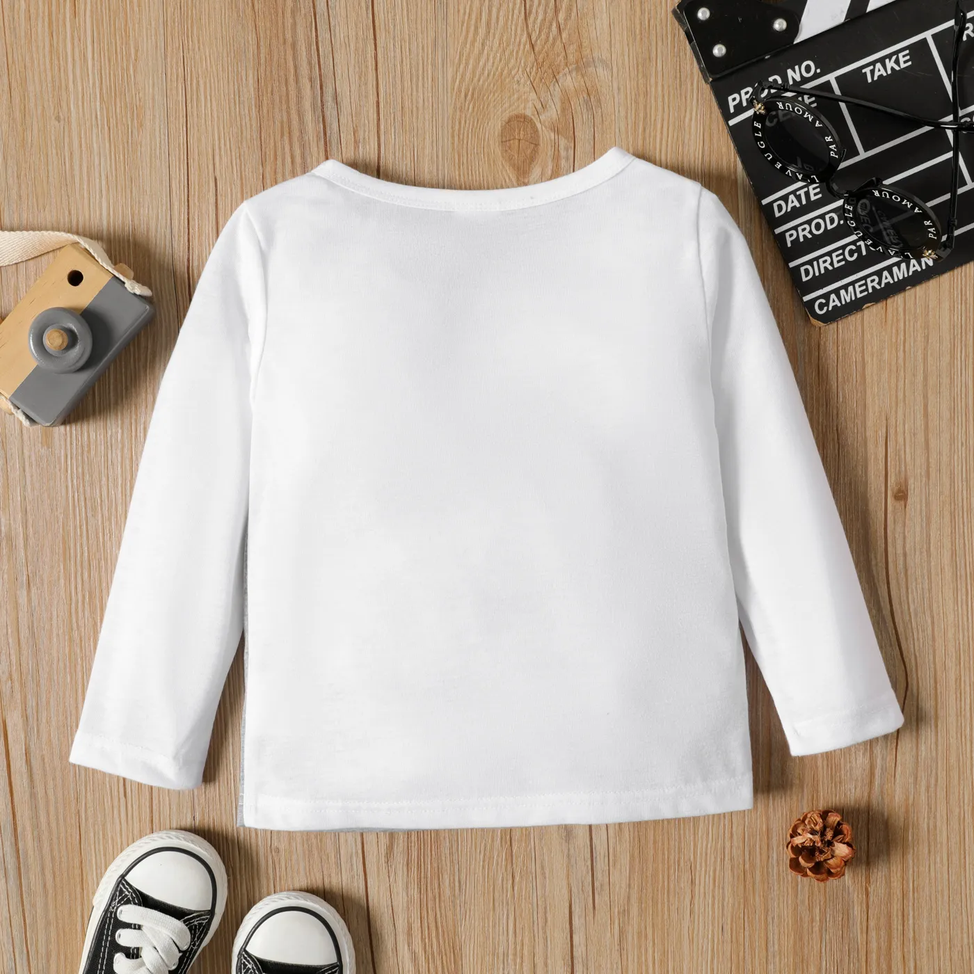 Toddler Boy Stripe Splice Chest Pocket Decor Long-sleeve Tee White image 3