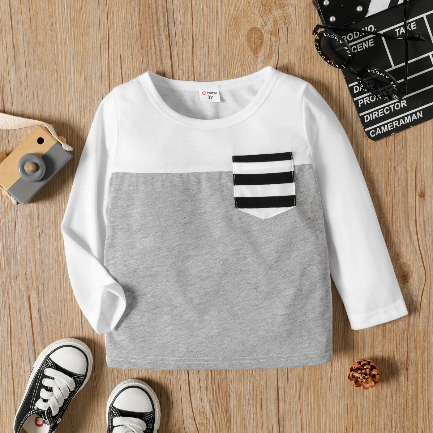 Toddler Boy Stripe Splice Chest Pocket Decor Long-sleeve Tee White big image 1