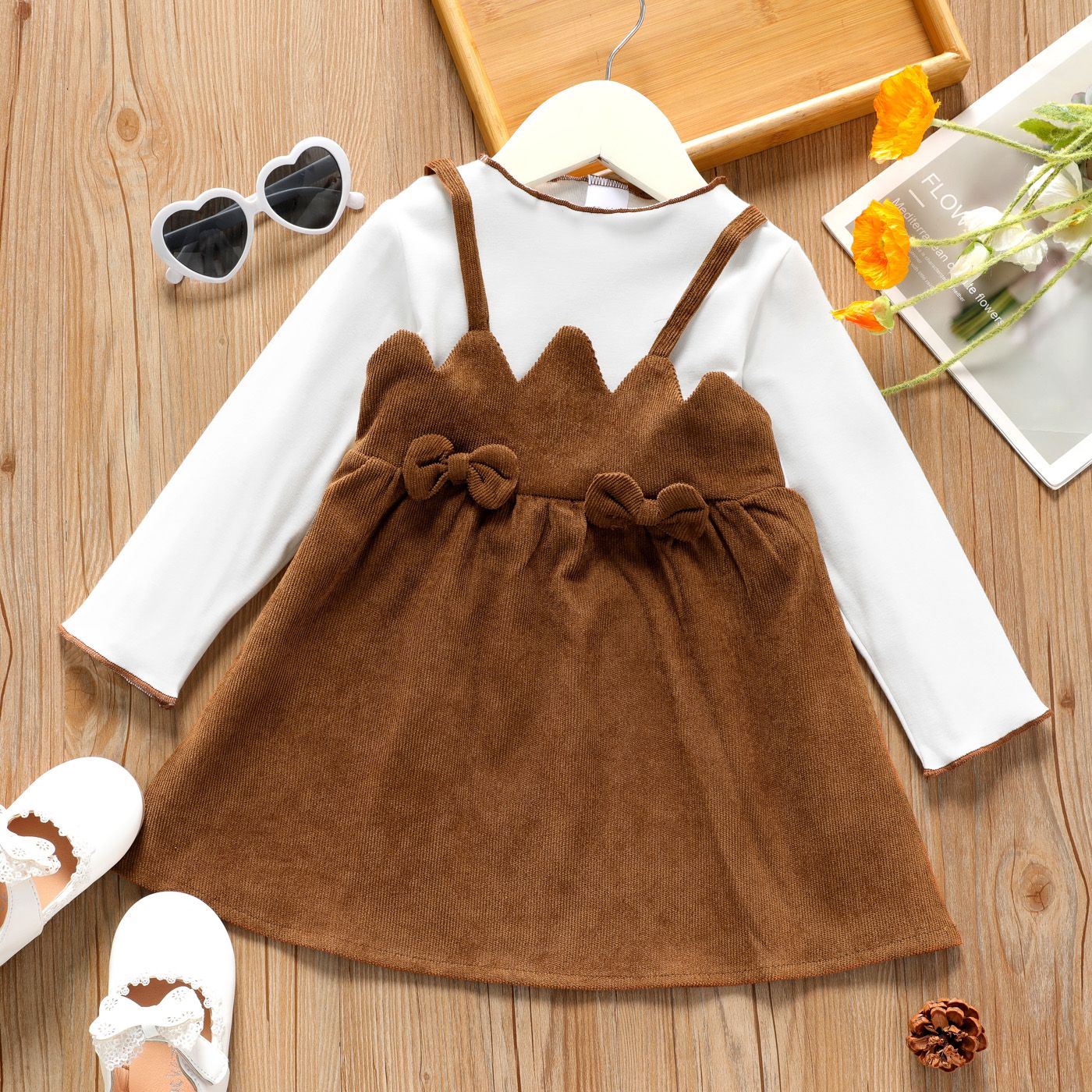 

Toddler Girl Faux-two Bowknot Design Strap Long-sleeve Dress