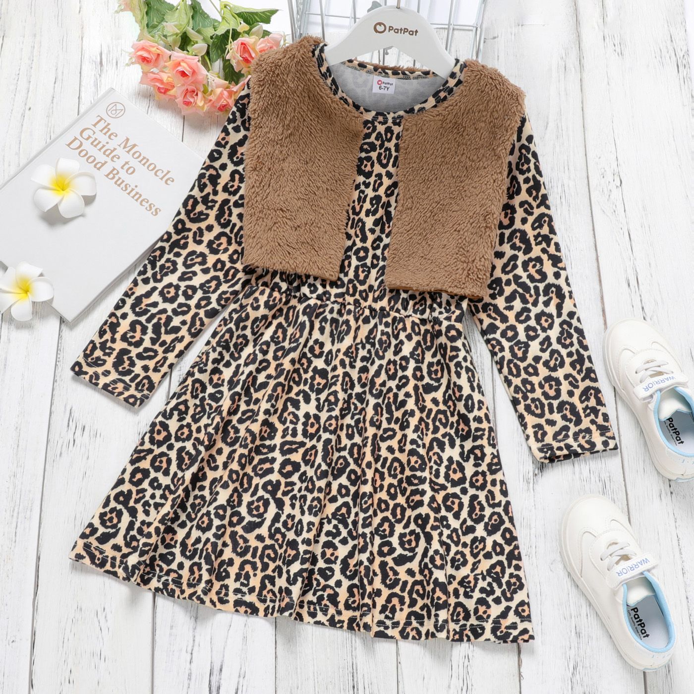 2-piece Kid Girl Floral/Leopard Print Long-sleeve Dress And Fuzzy Vest Coat Set