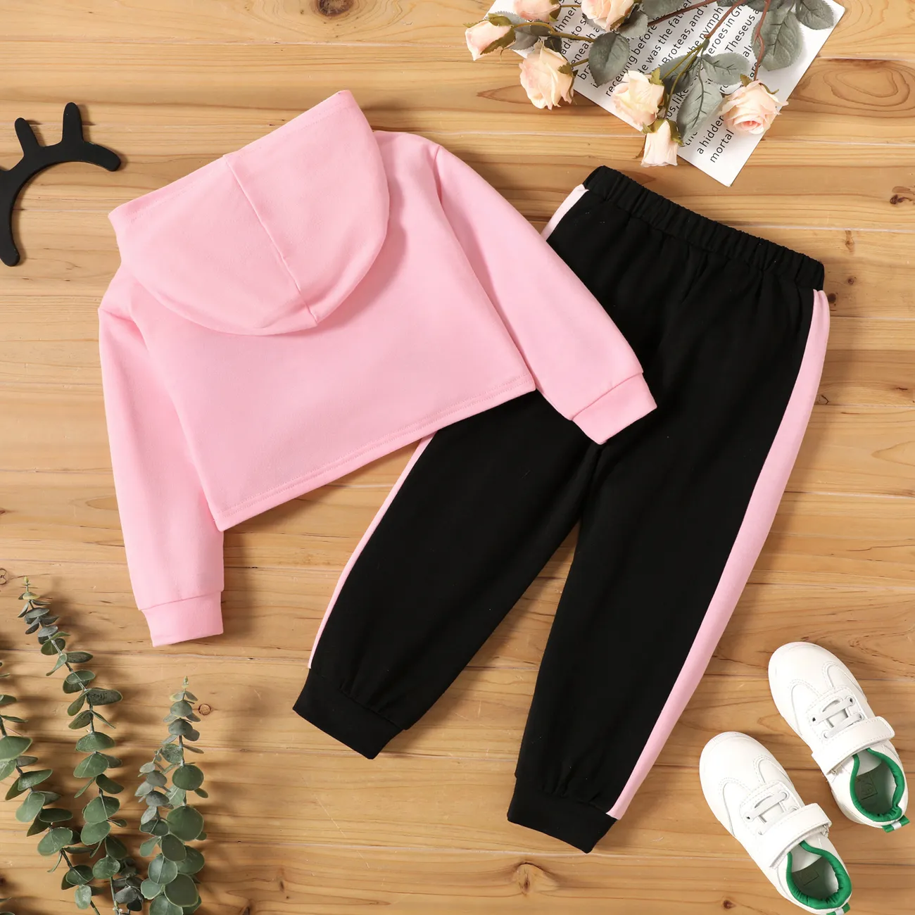 2-piece Toddler Girl Letter Print Hoodie and Colorblock Pants Set Pink big image 1