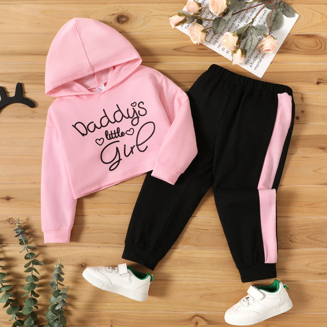 2-piece Toddler Girl Letter Print Hoodie and Colorblock Pants Set Pink big image 1