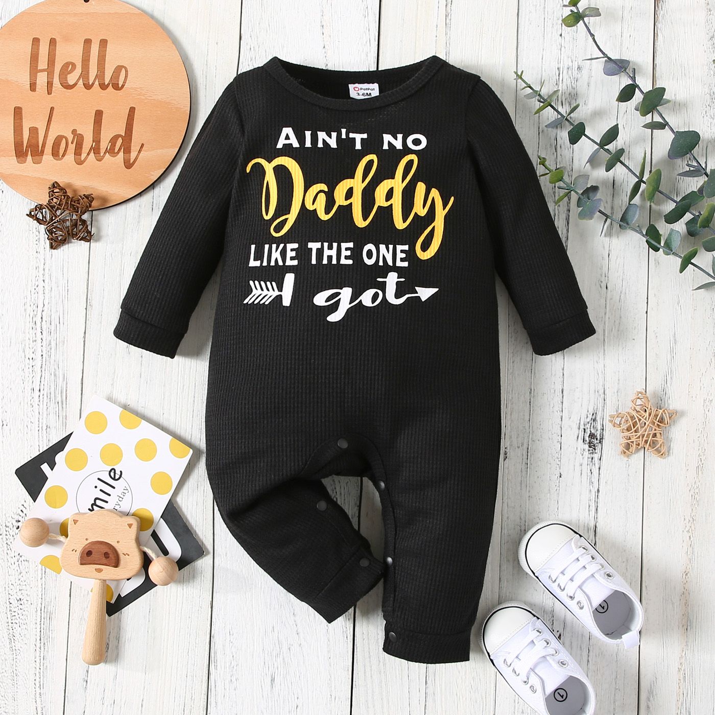 Baby Boy Letter Print Solid Waffle Long-sleeve Jumpsuit