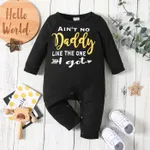 Baby Boy Letter Print Solid Waffle Long-sleeve Jumpsuit Black