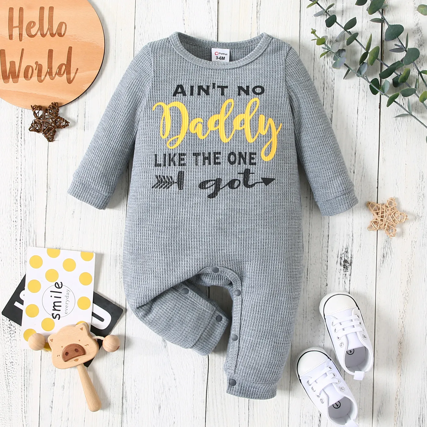 Baby Boy Letter Print Solid Waffle Long-sleeve Jumpsuit