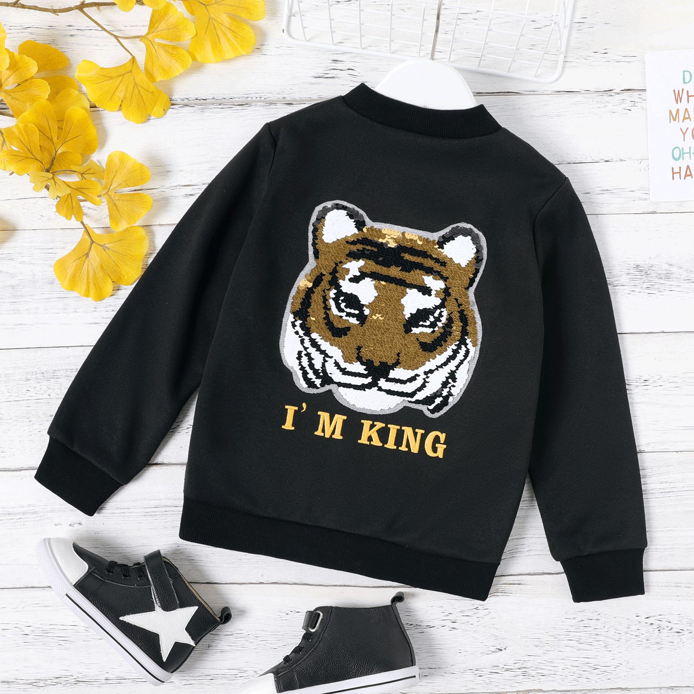 Kid Boy Letter Print Tiger Flip Sequin Design Button Black Bomber Jacket
