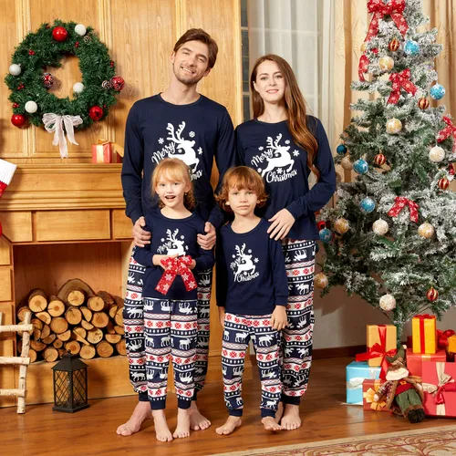 Christmas Deer and Letters Print Navy Family Matching Long-sleeve Pajamas Sets (Flame Resistant)