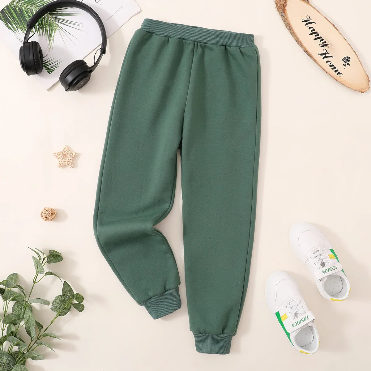 Kid Boy/Kid Girl Fleece Lined Casual Solid Color Joggers Pants Dark Green