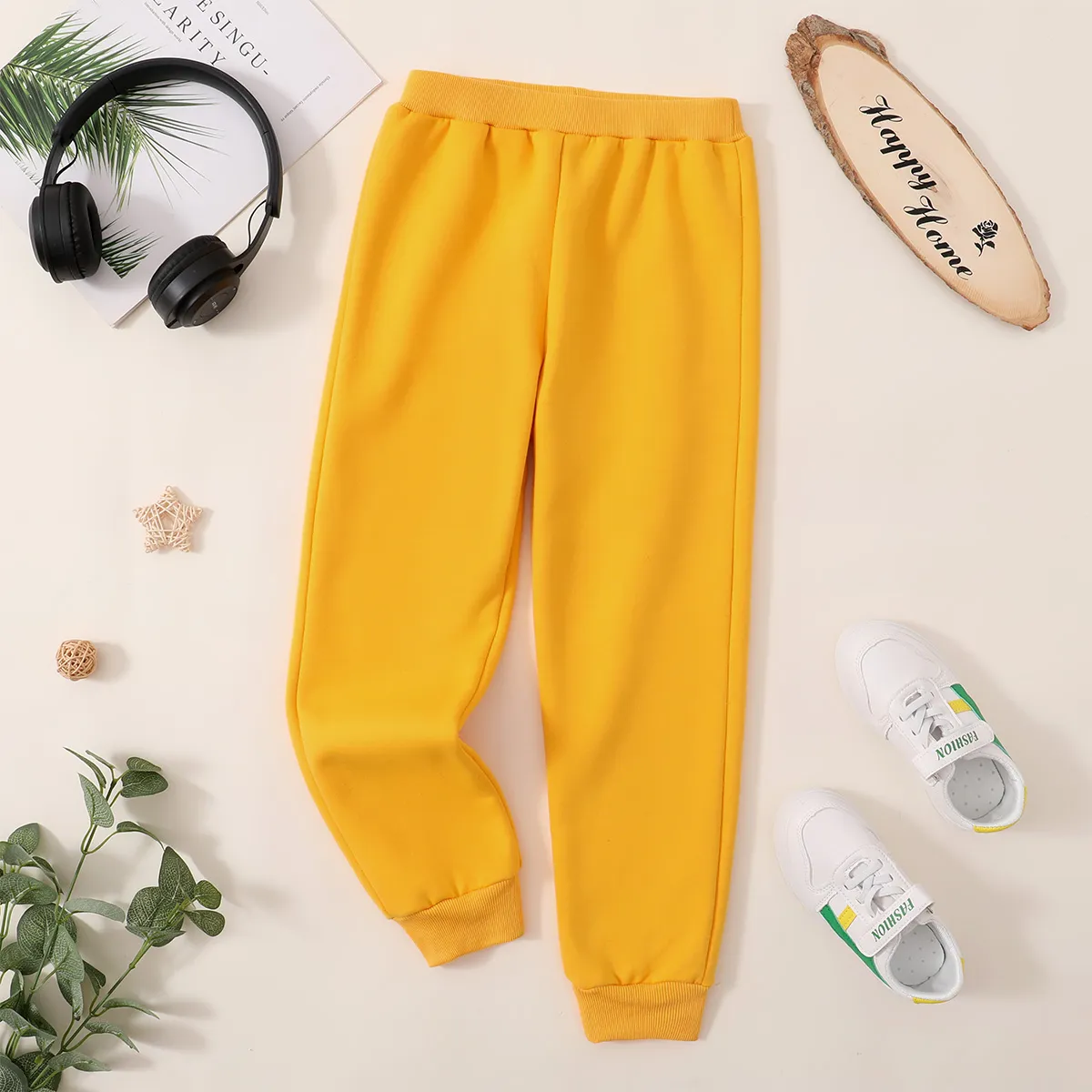 Kid Boy/Kid Girl Fleece Lined Casual Solid Color Joggers Pants Yellow