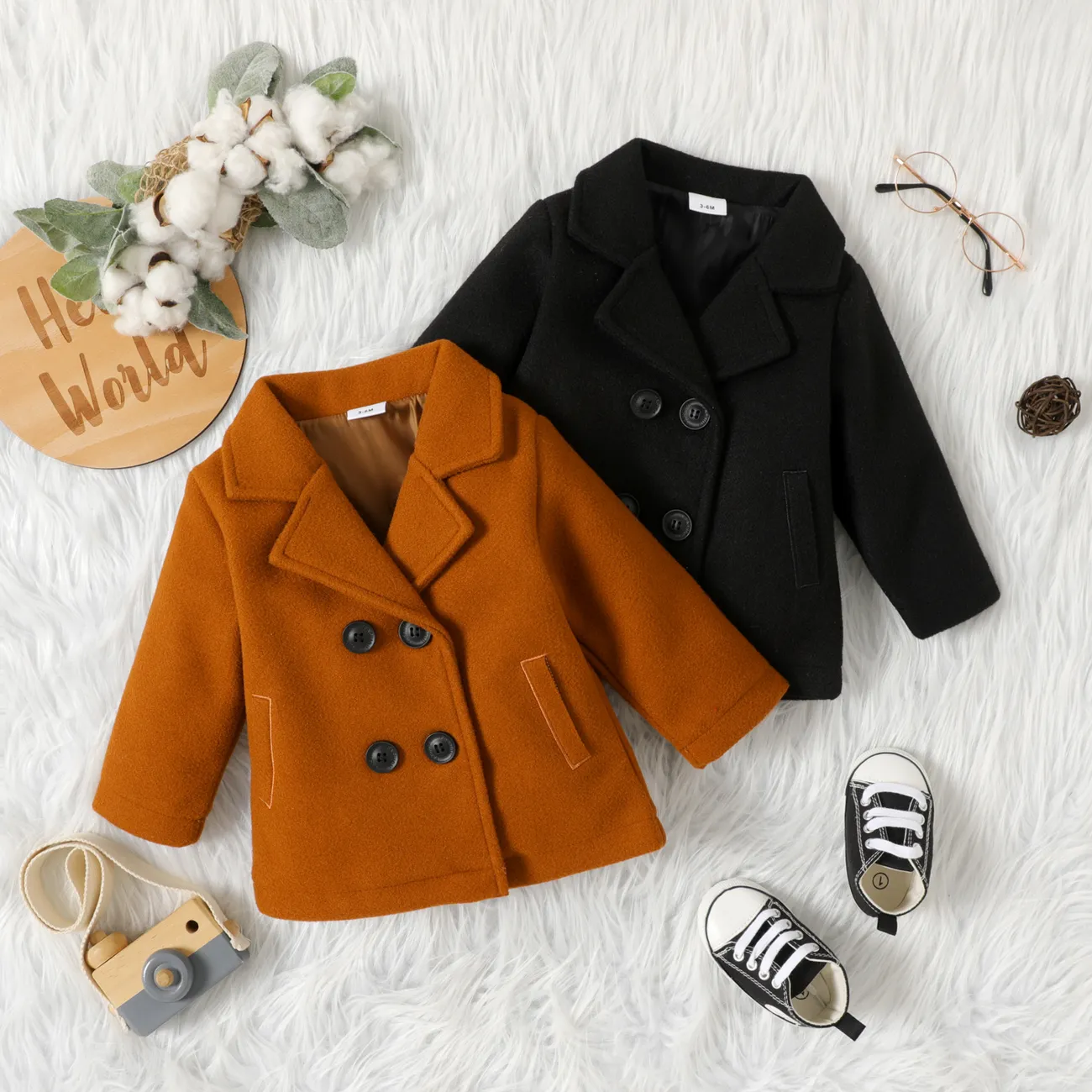 Baby Boy/Girl Solid Lapel Double Breasted Long-sleeve Wool Blend Coat Brown big image 1