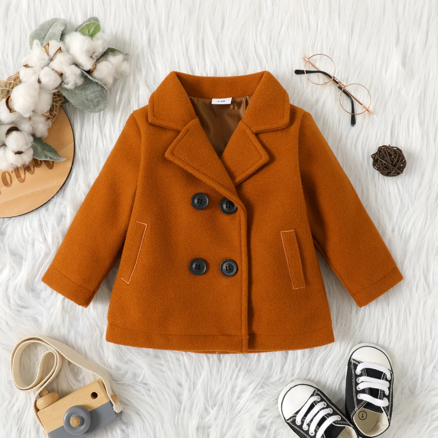 Baby Boy/Girl Solid Lapel Double Breasted Long-sleeve Wool Blend Coat Brown big image 1
