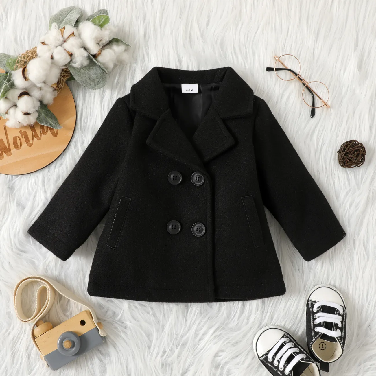 Baby Boy/Girl Solid Lapel Double Breasted Long-sleeve Wool Blend Coat Black big image 1