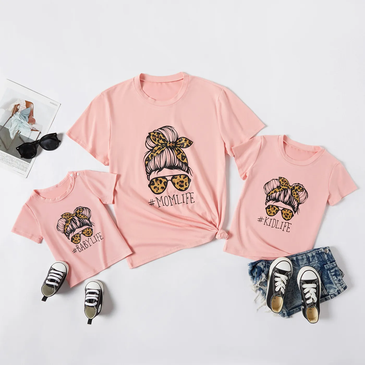 Letter Print Short Sleeve T-shirts for Mommy and Me Pink